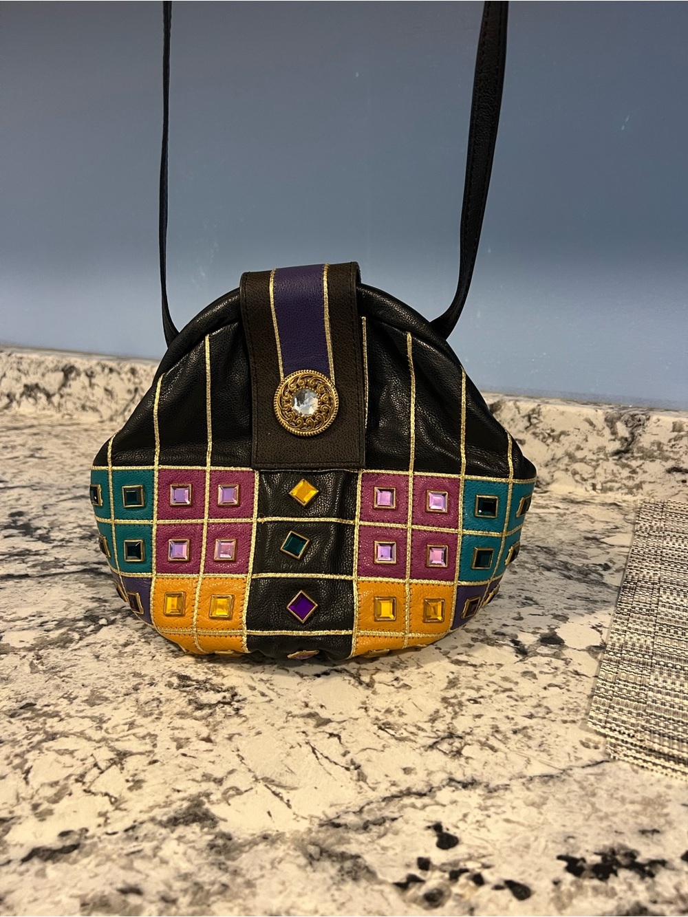 Vintage Black Multicolor Embellished Crossbody Bag